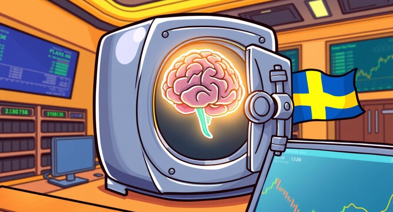 A vibrant cartoon illustrating the launch of a secure Bittensor ETP on the Nasdaq Stockholm exchange.