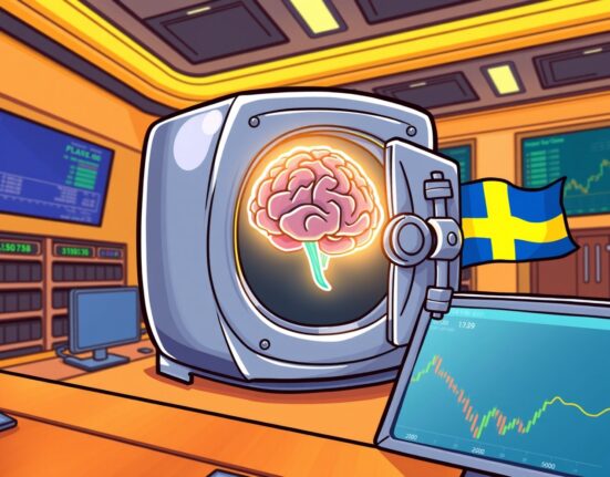 A vibrant cartoon illustrating the launch of a secure Bittensor ETP on the Nasdaq Stockholm exchange.