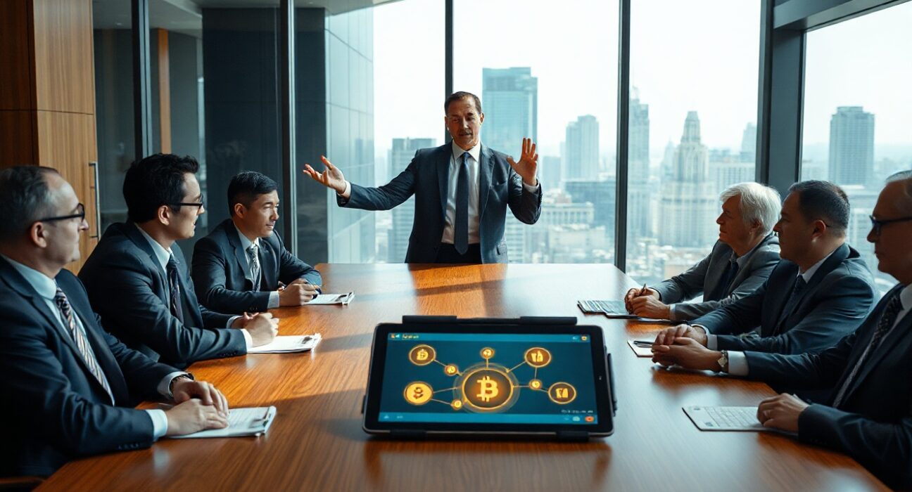 Visa executives in a boardroom meeting discussing multi-chain stablecoin strategy with digital displays