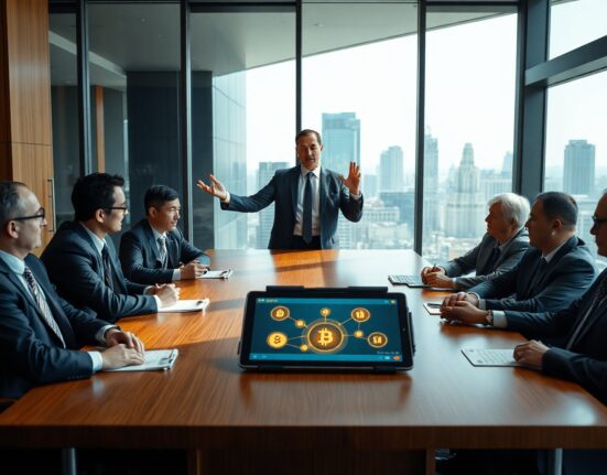 Visa executives in a boardroom meeting discussing multi-chain stablecoin strategy with digital displays