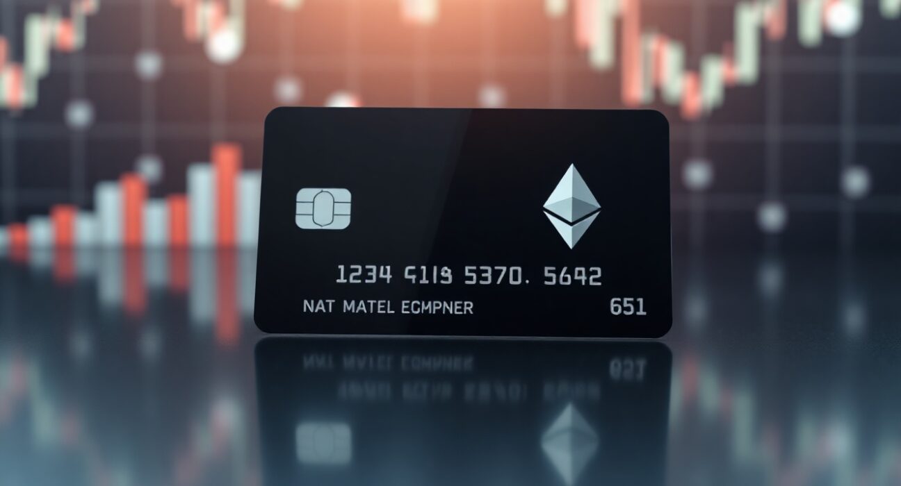 A modern credit card with a subtle cryptocurrency symbol on a dark reflective surface, representing crypto card payments.