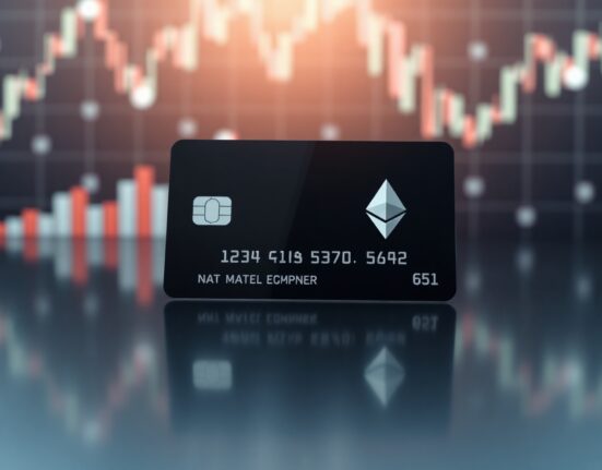 A modern credit card with a subtle cryptocurrency symbol on a dark reflective surface, representing crypto card payments.