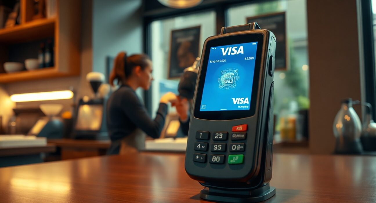 Visa payment terminal displaying a digital currency transaction in a modern coffee shop setting