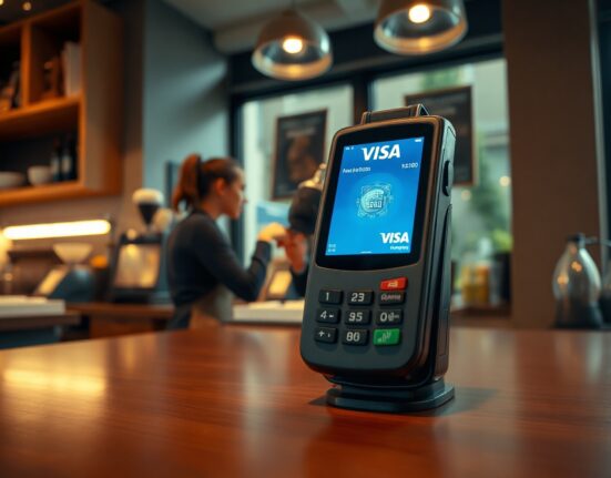 Visa payment terminal displaying a digital currency transaction in a modern coffee shop setting