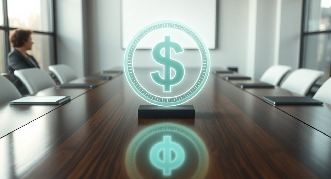 Glowing digital dollar coin icon on a modern boardroom table representing a new stablecoin project by major financial firms.