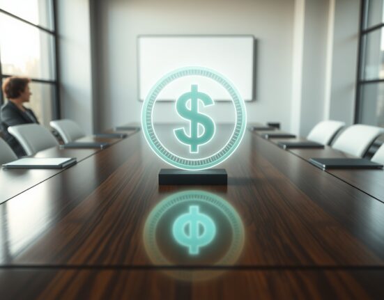Glowing digital dollar coin icon on a modern boardroom table representing a new stablecoin project by major financial firms.