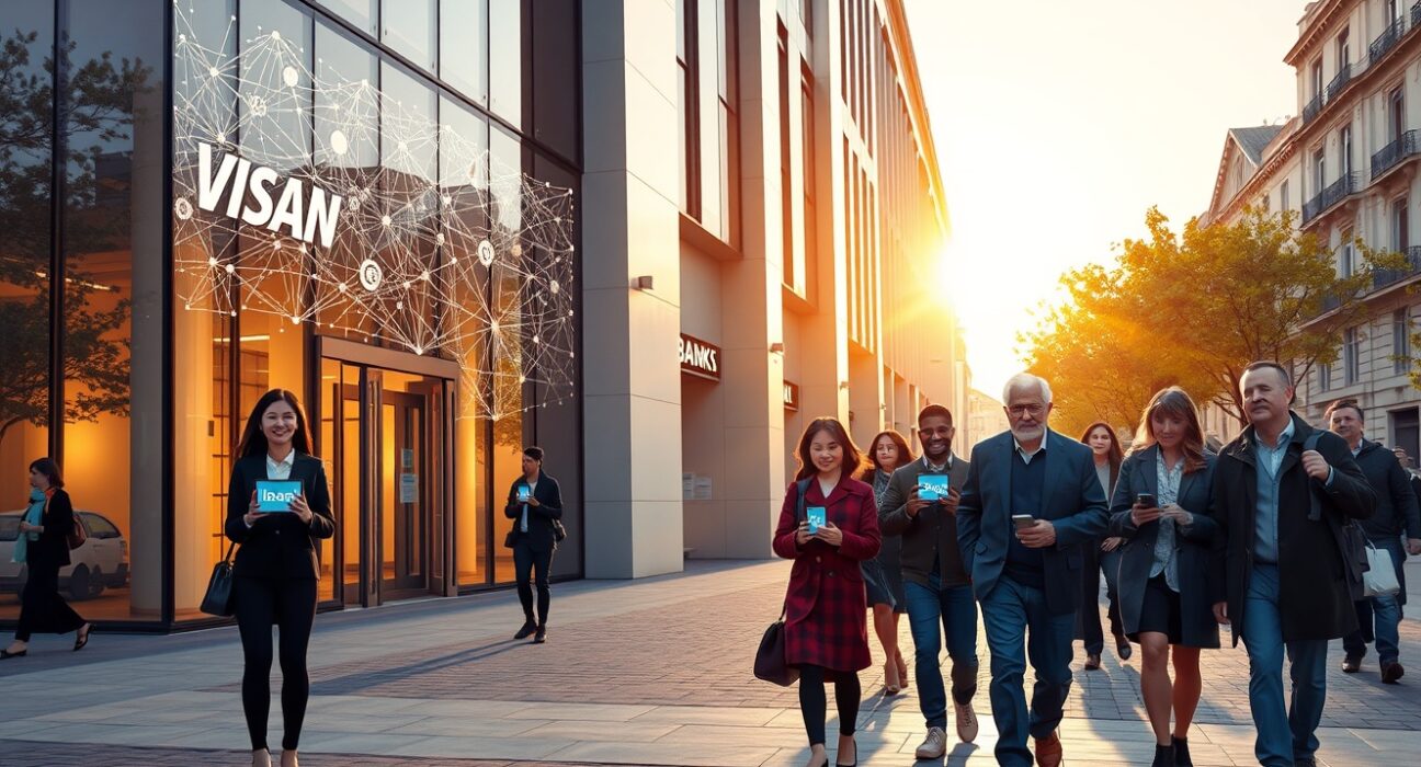 Visa partners with WeFi to build on-chain banking services, showing a modern bank merging with blockchain technology in a European city.