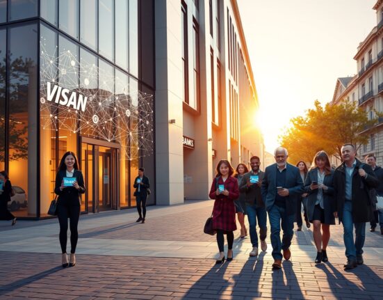 Visa partners with WeFi to build on-chain banking services, showing a modern bank merging with blockchain technology in a European city.