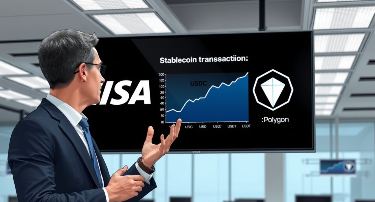 Visa and Polygon logos on a digital screen in a modern office, representing the stablecoin settlement program integration.