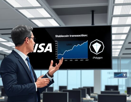 Visa and Polygon logos on a digital screen in a modern office, representing the stablecoin settlement program integration.