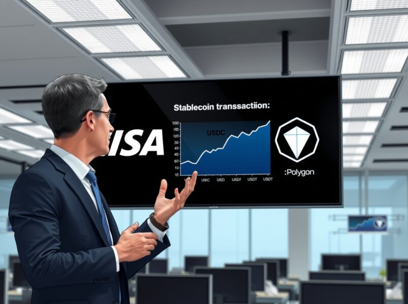 Visa and Polygon logos on a digital screen in a modern office, representing the stablecoin settlement program integration.