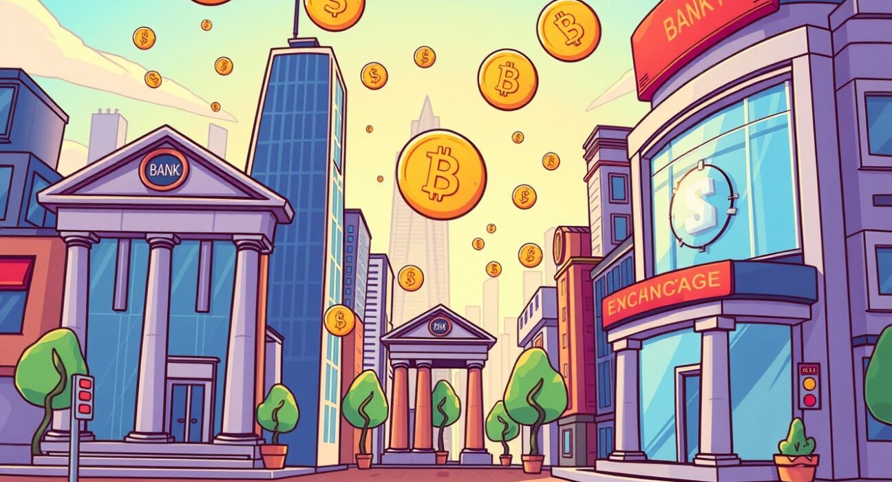 Visa's stablecoin advisory service connecting traditional finance with digital currency networks in a vibrant illustration.