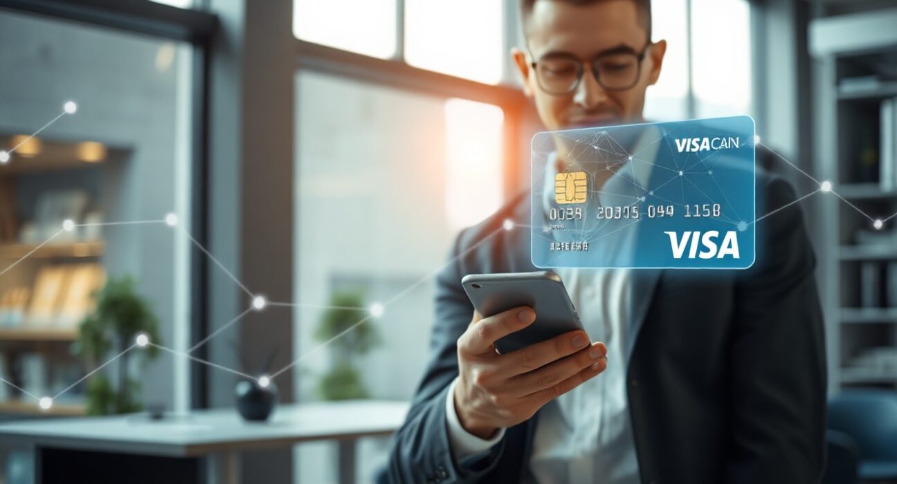 Business professional using a smartphone with a Visa card and digital blockchain network overlay, representing stablecoin payment integration.