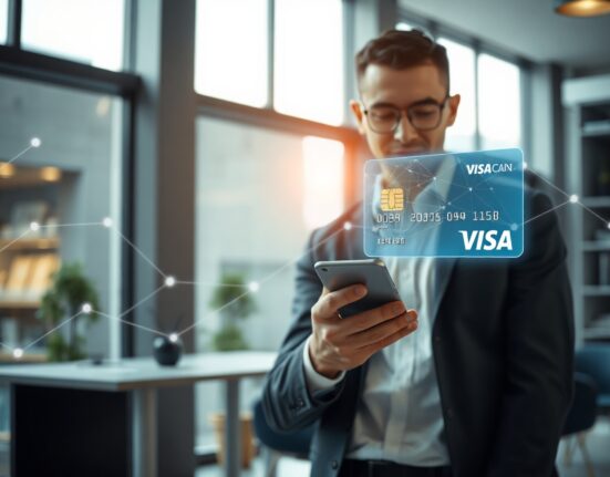 Business professional using a smartphone with a Visa card and digital blockchain network overlay, representing stablecoin payment integration.