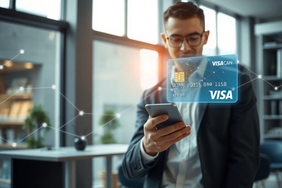 Business professional using a smartphone with a Visa card and digital blockchain network overlay, representing stablecoin payment integration.