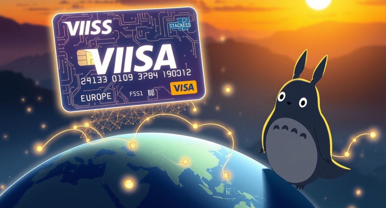 Visa stablecoin card enabling global digital payments across continents in a connected world.