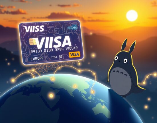 Visa stablecoin card enabling global digital payments across continents in a connected world.