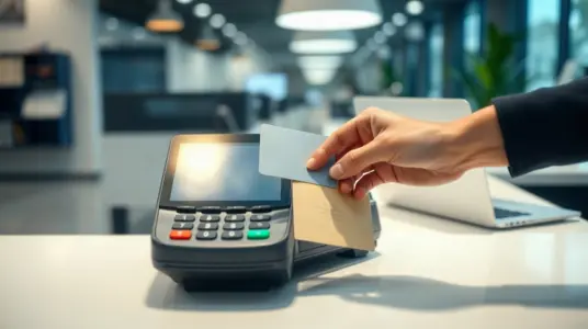 A card being tapped at a payment terminal, representing Visa's stablecoin-linked card programs