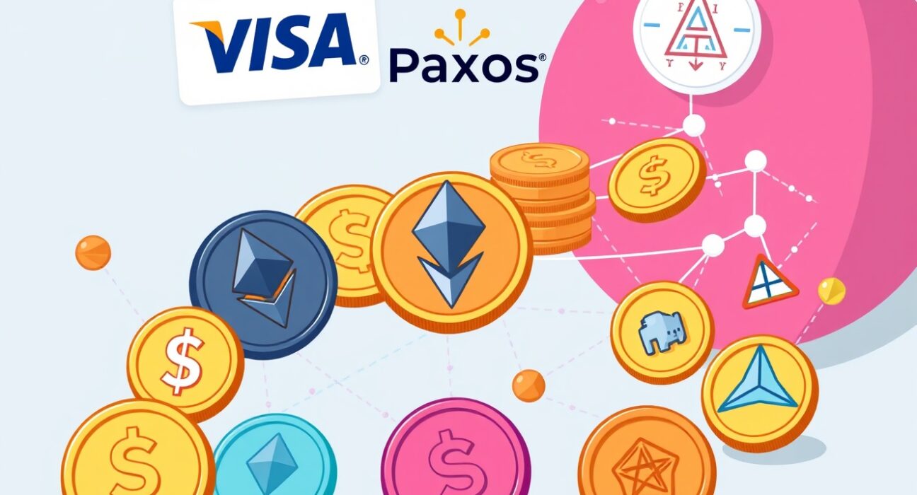 Cartoon showing Visa Stablecoin Integration with Paxos, enabling USDG and PYUSD payments across major blockchains.