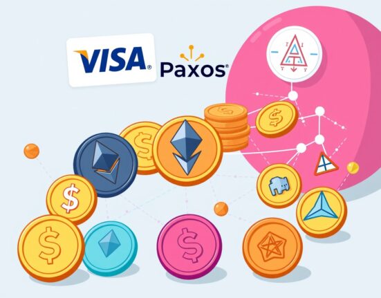 Cartoon showing Visa Stablecoin Integration with Paxos, enabling USDG and PYUSD payments across major blockchains.