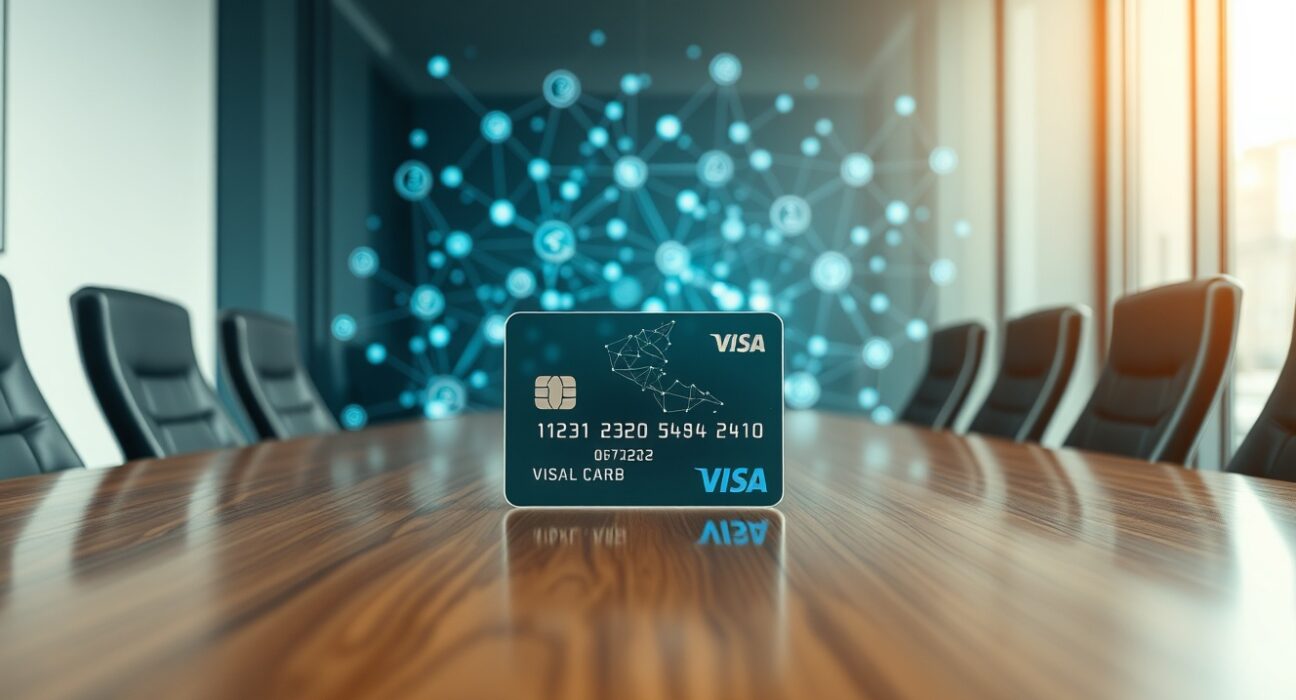 Visa card on a table with a digital blockchain network in the background
