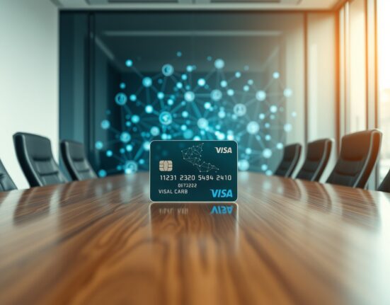 Visa card on a table with a digital blockchain network in the background