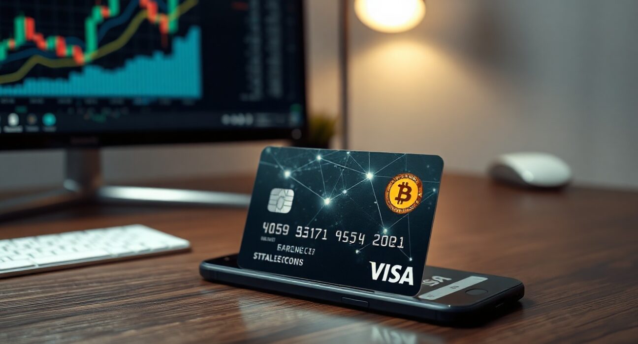 Visa credit card with digital blockchain overlay and smartphone showing payment confirmation on a desk