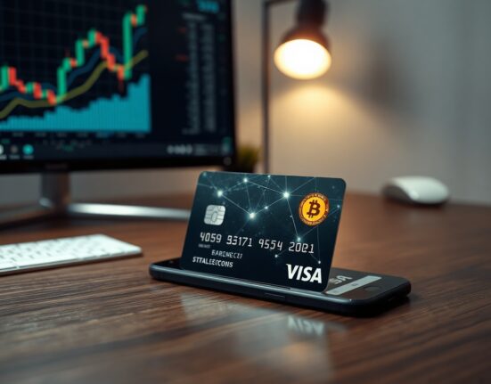 Visa credit card with digital blockchain overlay and smartphone showing payment confirmation on a desk