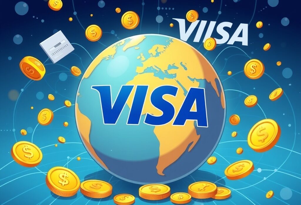 Cartoon illustration showing the global impact of Visa stablecoin settlement, with digital currency symbols flowing across continents and enhancing financial connectivity.