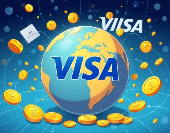 Cartoon illustration showing the global impact of Visa stablecoin settlement, with digital currency symbols flowing across continents and enhancing financial connectivity.