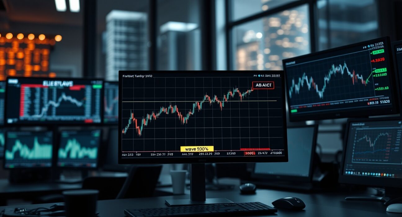 Stock market trading desk with monitors showing Visa Elliott Wave chart pattern