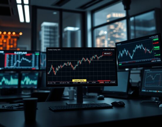 Stock market trading desk with monitors showing Visa Elliott Wave chart pattern