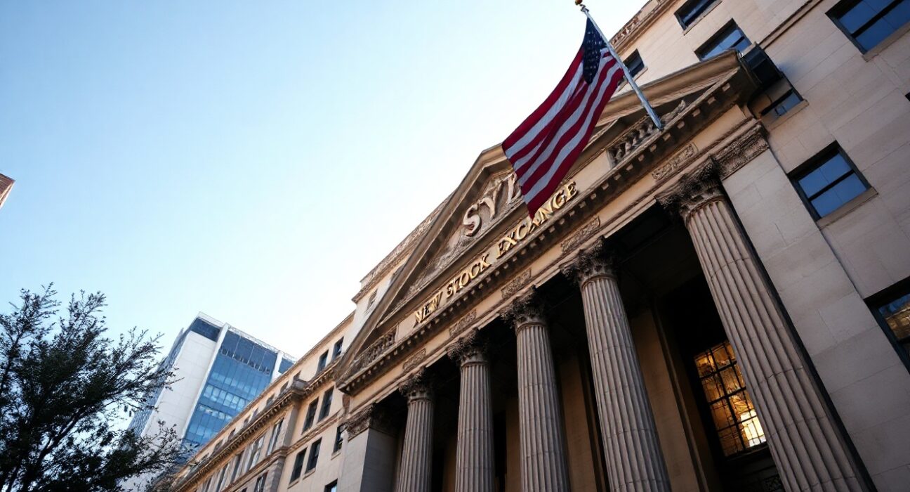 New York Stock Exchange building with American flag, symbolizing Visa's record stock performance.