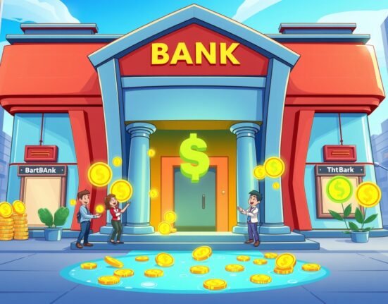 Visa USDC payment services connecting digital currency to traditional banking in a vibrant illustration