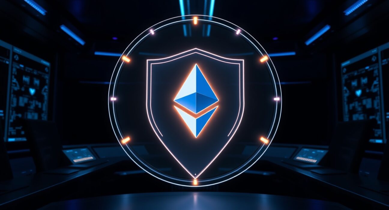 Illustration of an Ethereum transaction moving through a secure privacy shield, representing the Railgun protocol.