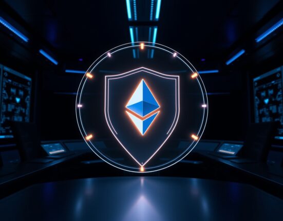 Illustration of an Ethereum transaction moving through a secure privacy shield, representing the Railgun protocol.