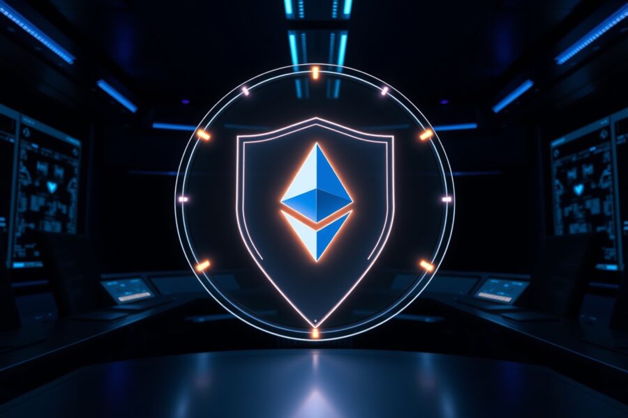 Illustration of an Ethereum transaction moving through a secure privacy shield, representing the Railgun protocol.