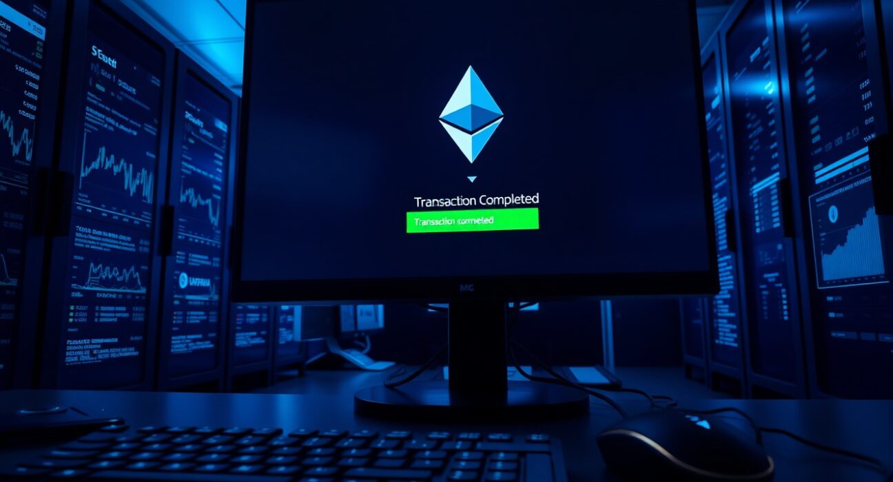 Server room monitors showing Ethereum transaction and blockchain data.