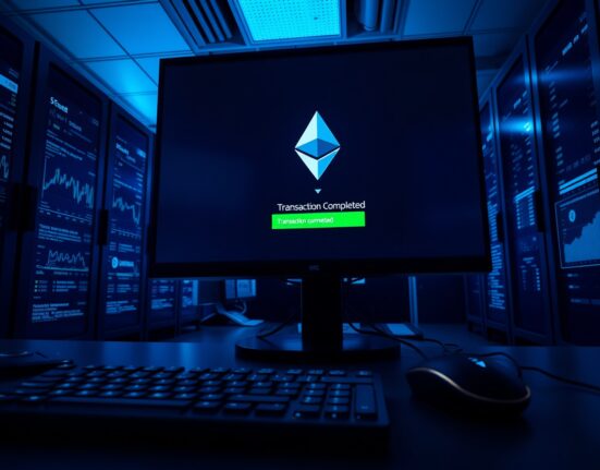 Server room monitors showing Ethereum transaction and blockchain data.