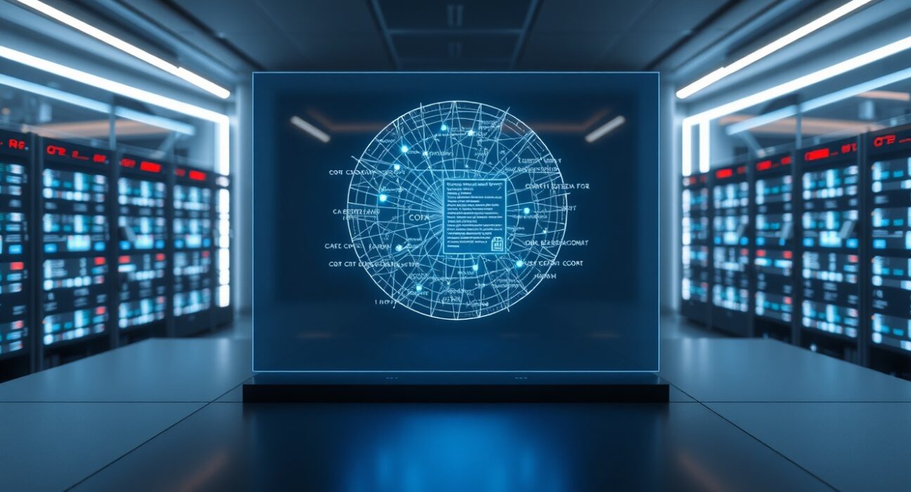 Holographic display of mathematical proofs and code representing formal verification in a high-tech lab.