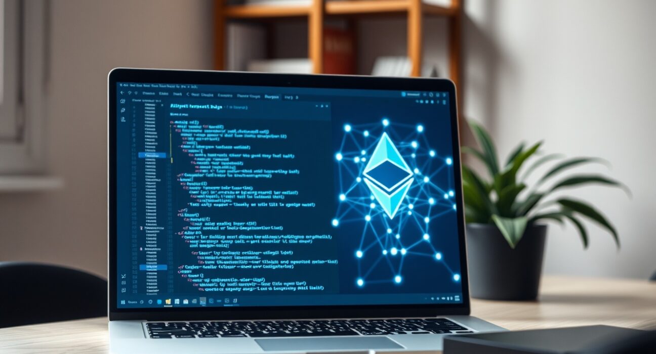 Vitalik Buterin's anonymous message board demo code on a laptop screen with Ethereum network background