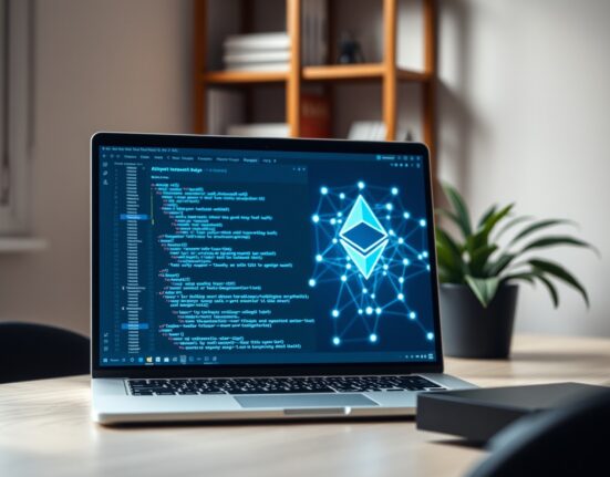 Vitalik Buterin's anonymous message board demo code on a laptop screen with Ethereum network background