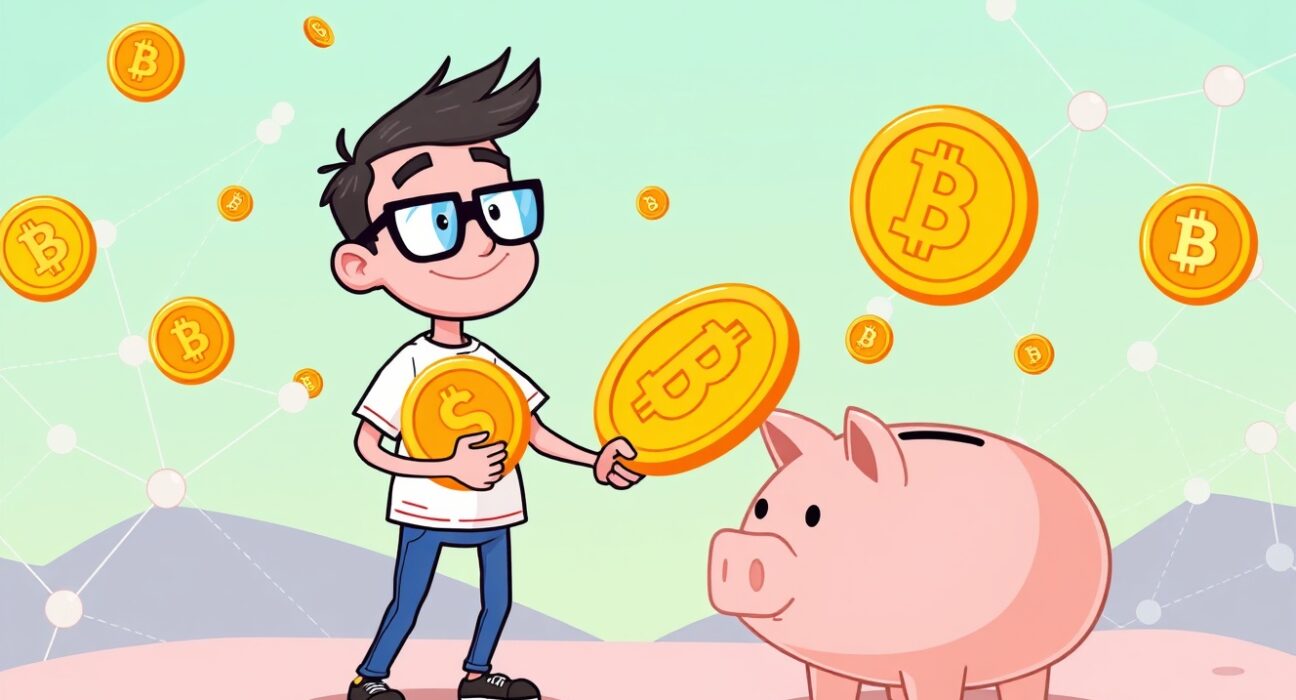 A cartoon illustration of a Vitalik Buterin crypto transaction involving digital tokens.