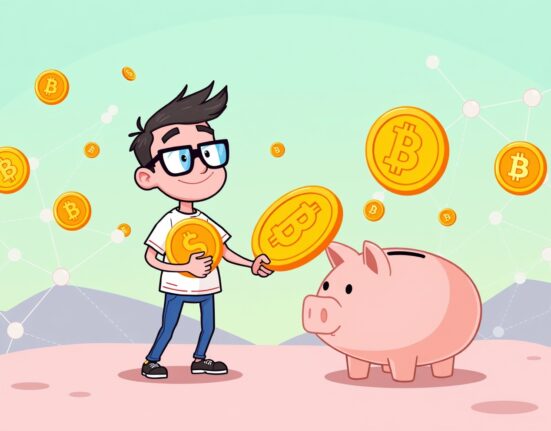 A cartoon illustration of a Vitalik Buterin crypto transaction involving digital tokens.