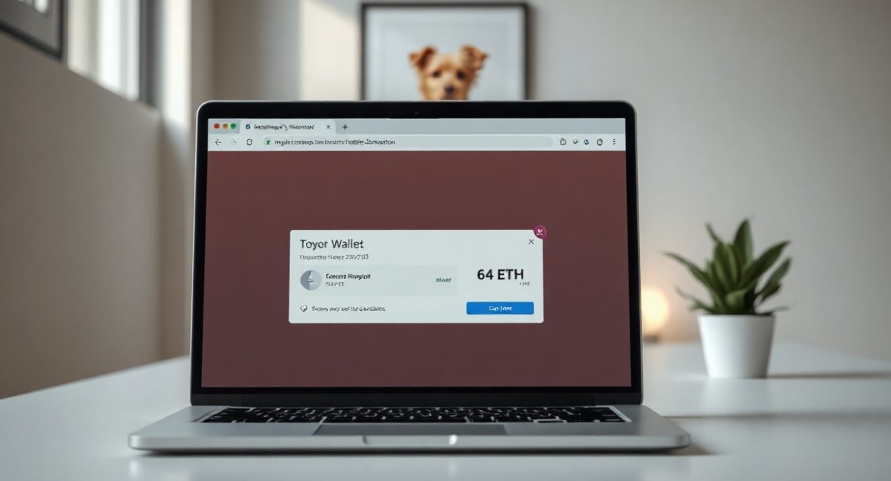 Laptop showing a cryptocurrency transaction of 64 ETH on a desk with a framed animal photo in the background.
