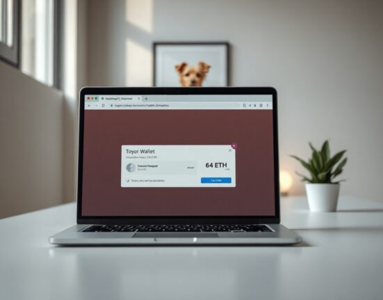Laptop showing a cryptocurrency transaction of 64 ETH on a desk with a framed animal photo in the background.