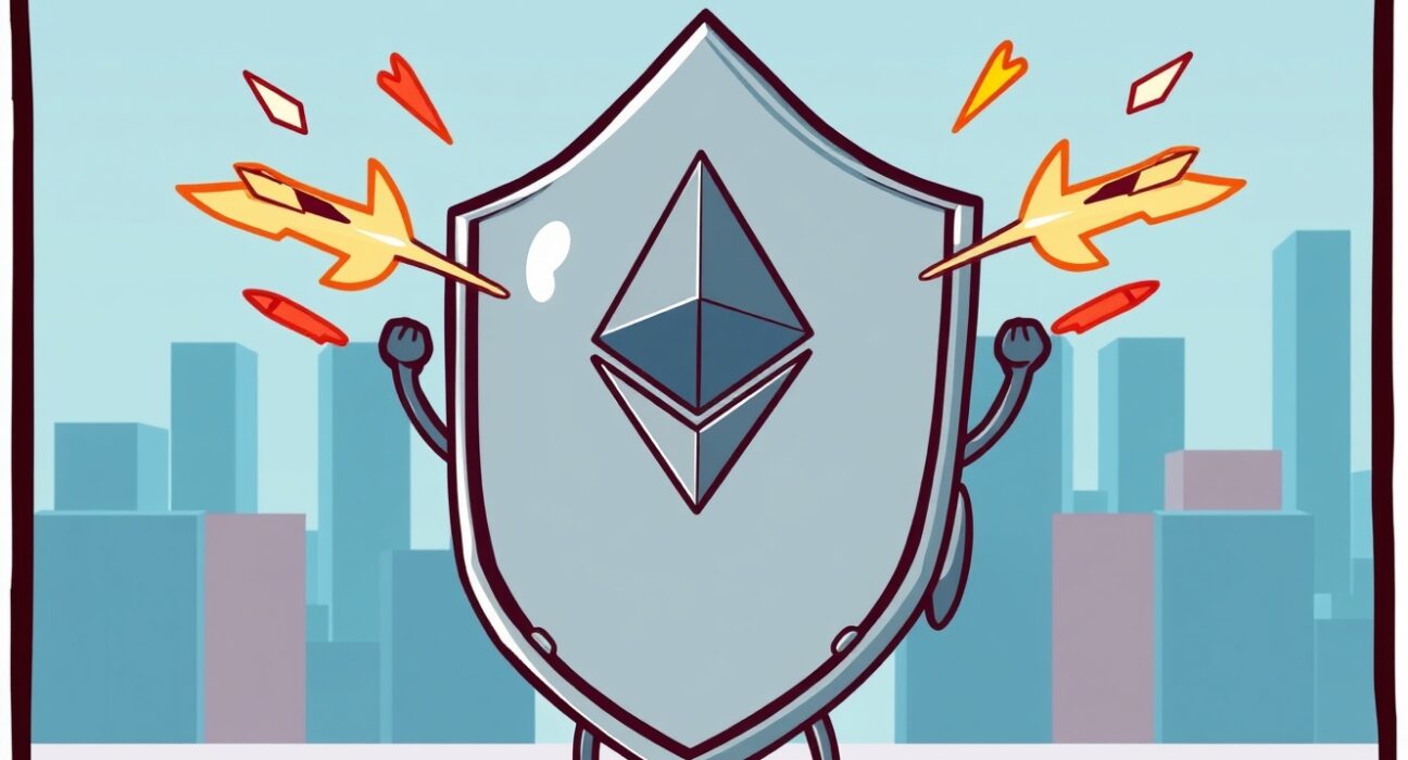 A cartoon shield protecting the Ethereum logo from digital attacks, illustrating the new security updates to minimize Ethereum attack vectors.