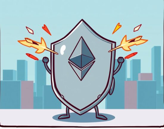 A cartoon shield protecting the Ethereum logo from digital attacks, illustrating the new security updates to minimize Ethereum attack vectors.