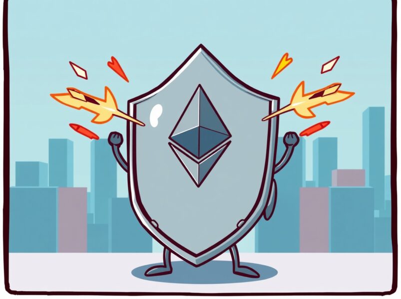 A cartoon shield protecting the Ethereum logo from digital attacks, illustrating the new security updates to minimize Ethereum attack vectors.