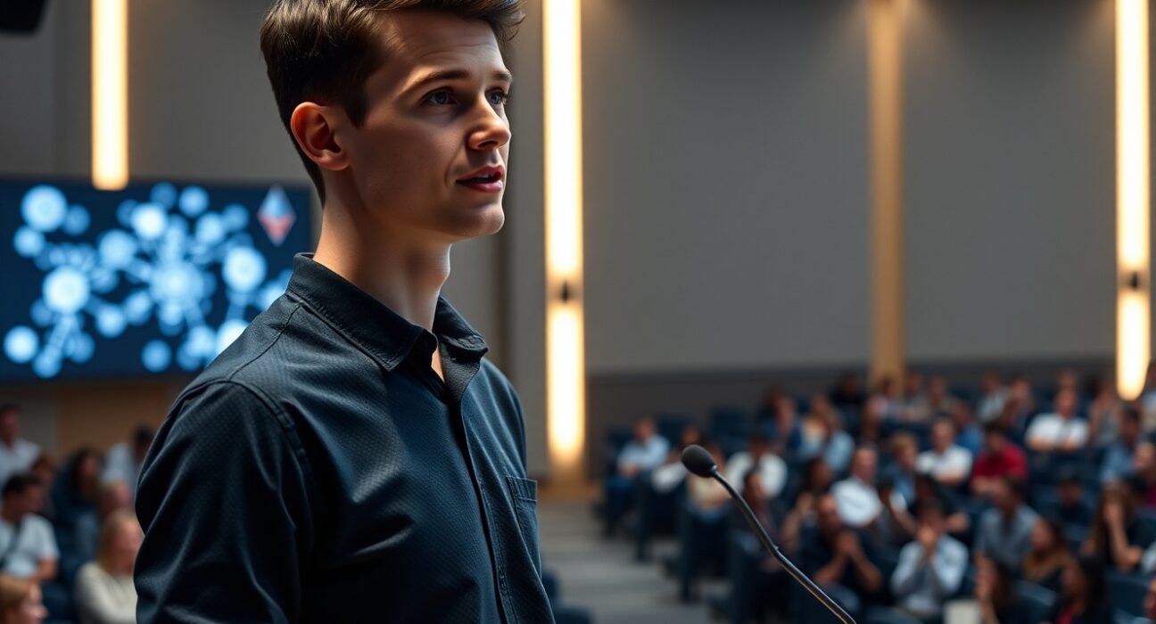 Vitalik Buterin discussing Ethereum development and blockchain innovation at a technology conference
